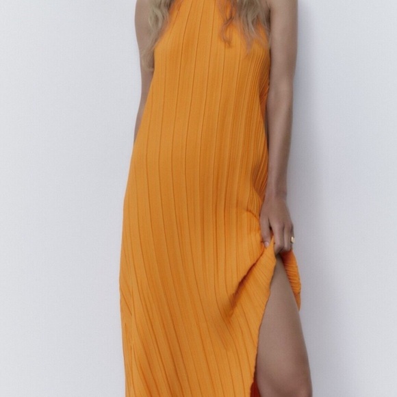 Zara Dresses & Skirts - ZARA PLEATED HALTER DRESS TANGERINE , SIZE M